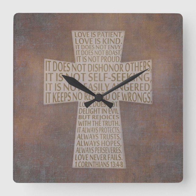 Reloj Cuadrado I Corinthians 13 Capítulo de Amor Cruzado Rústico (Anverso)