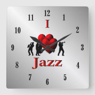 Reloj Cuadrado I Heart Jazz Music Silver con números negros