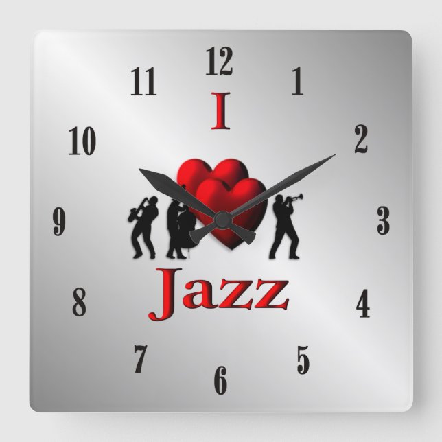 Reloj Cuadrado I Heart Jazz Music Silver con números negros (Anverso)