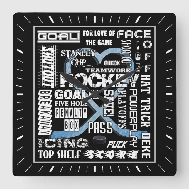 Reloj Cuadrado Ice Blue Heart Hockey Palabras Logotipo blanco (Anverso)