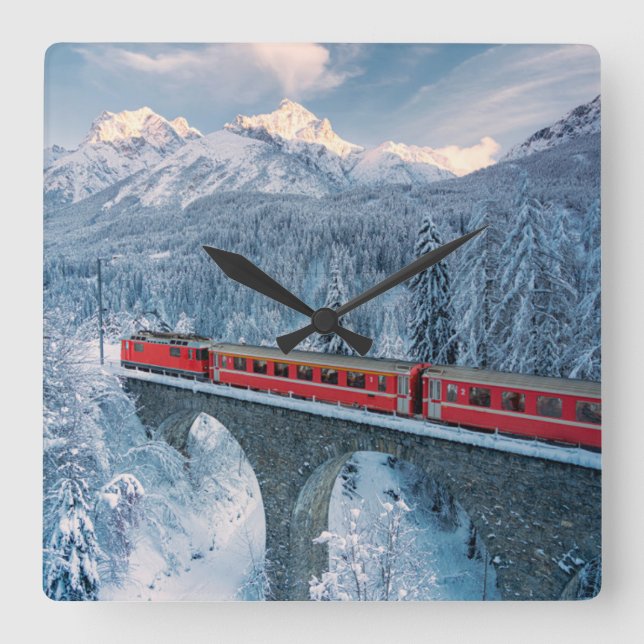 Reloj Cuadrado Ice & Snow | Red Bernina Express Train Switzerland (Anverso)