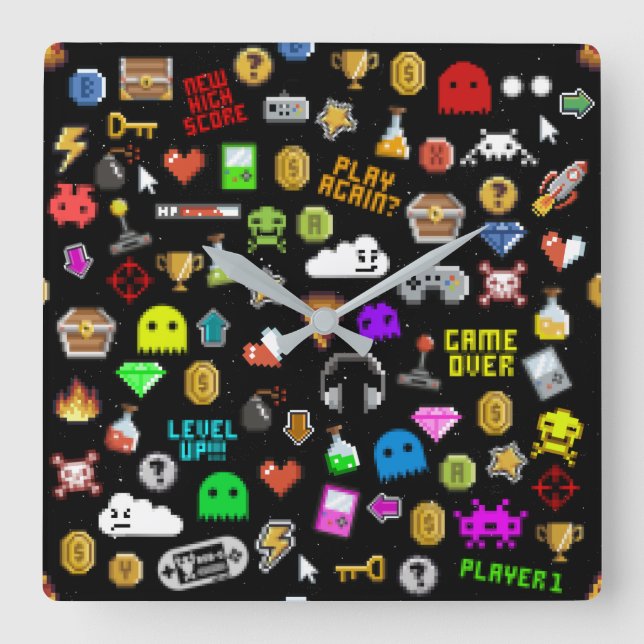 Reloj Cuadrado Iconos de videojuegos de gamer retro de píxeles (Anverso)