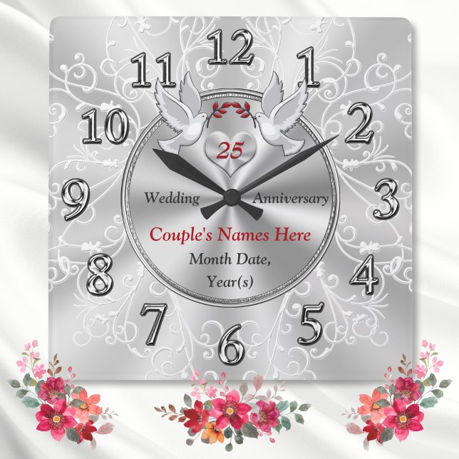 Reloj Cuadrado Ideas de regalo de aniversario de Boda de plata, a (25th Wedding Anniversary Gift Ideas. Silver anniversary gifts for parents. 25th anniversary gifts.)
