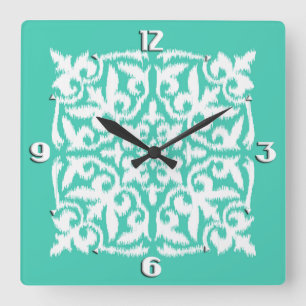 Reloj Cuadrado Ikat damask pattern - peacock blue and white