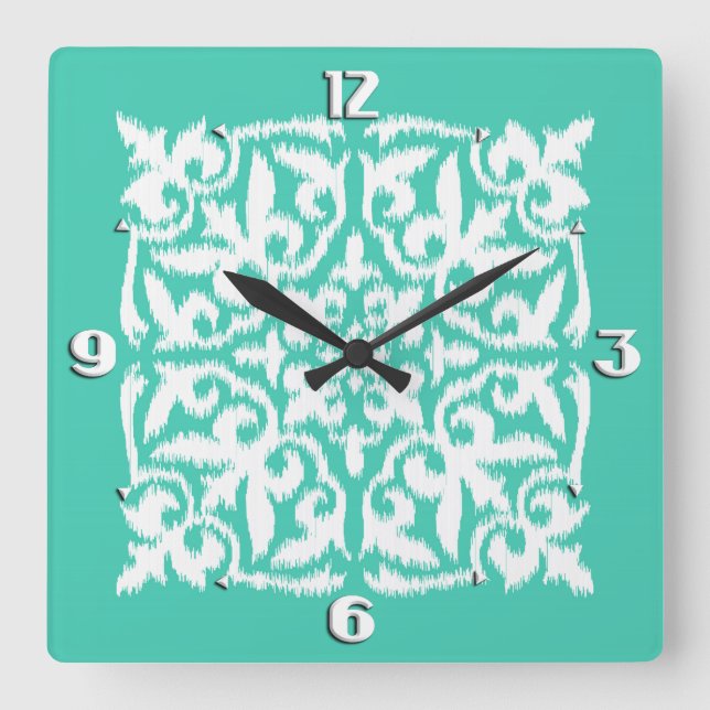 Reloj Cuadrado Ikat damask pattern - peacock blue and white (Anverso)