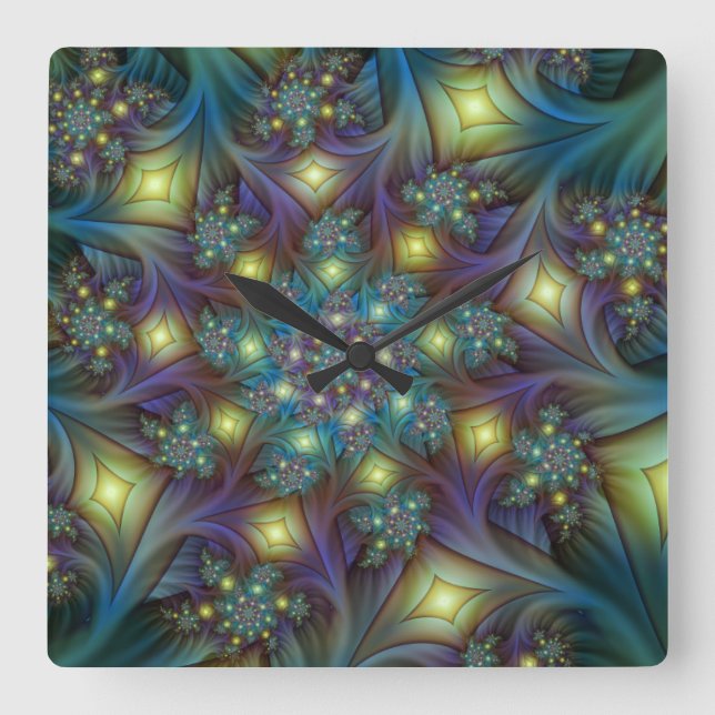 Reloj Cuadrado Illuminated Abstract Shiny Teal Purple Fractal Art (Anverso)