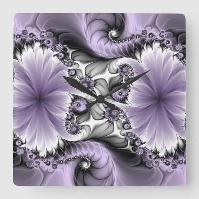 Reloj Cuadrado Ilusión Lilac Resumen Arte Fractal Floral Fantasía (Anverso)