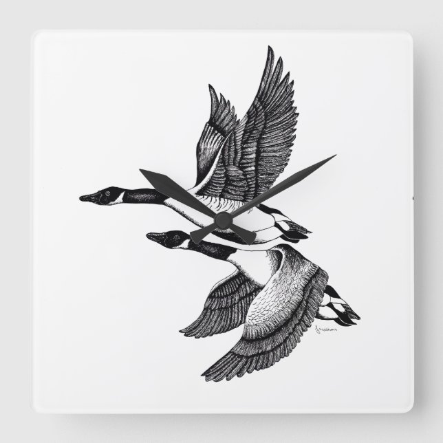 Reloj Cuadrado Ilustracion blanco y negro de Canadá Geese (Anverso)