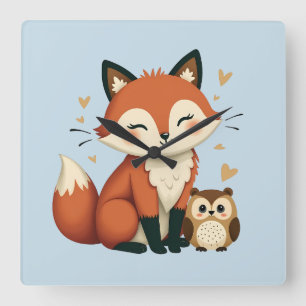 Reloj Cuadrado Ilustración caprichosa del bosque de zorro y búho 