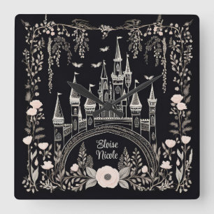 Reloj Cuadrado Ilustracion Castillo de cuento de hadas en blanco 