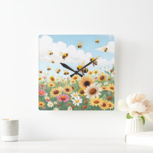 Reloj Cuadrado Ilustración de abejas y flores lindas