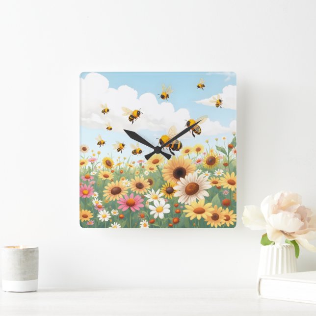 Reloj Cuadrado Ilustración de abejas y flores lindas (Hogar)