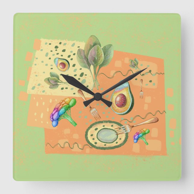 Reloj Cuadrado ilustracion de alimentos saludables (Anverso)