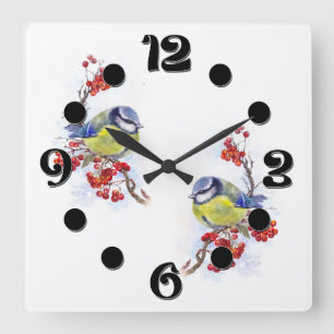 Reloj Cuadrado Ilustración de ave carbonero invernal acuarela ram