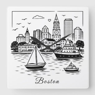 Reloj Cuadrado Ilustración de Boston con línea negra