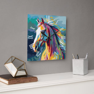 Reloj Cuadrado Ilustración de cabeza de caballo con acuarelas