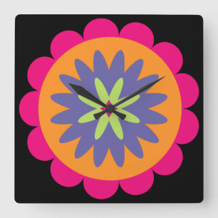Reloj Cuadrado ilustración de formas florales naranja y rosa