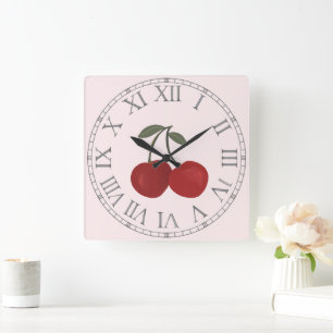 Reloj Cuadrado Ilustración de Frutas Cerezas Rojas
