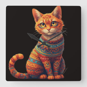 Reloj Cuadrado Ilustración de gato con patrón lindo al estilo del