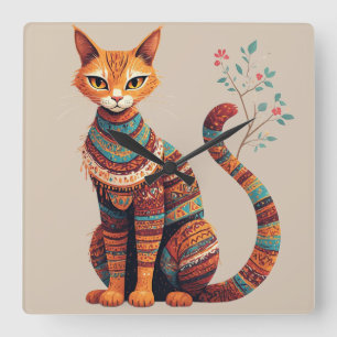 Reloj Cuadrado Ilustración de gato tribal boho Diseño de arte pop