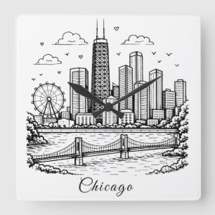 Reloj Cuadrado Ilustración de línea negra de Chicago