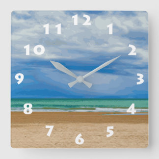 RELOJ CUADRADO ILUSTRACION DE PLAYA MODERNO CON NÚMEROS BLANCOS