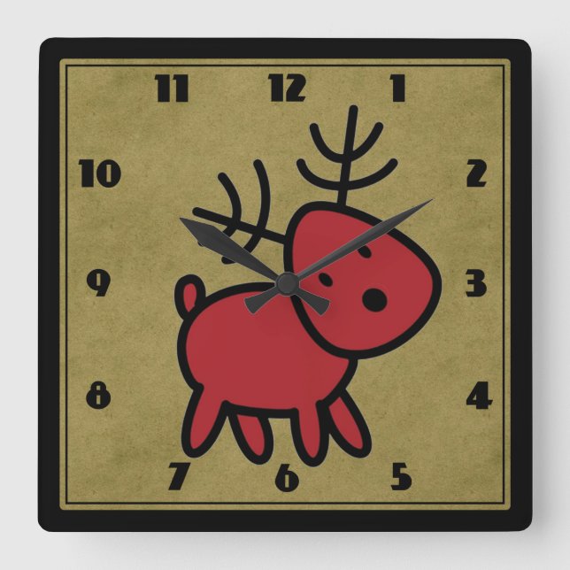 Reloj Cuadrado Ilustracion de renos de Navidades rojos curados (Anverso)