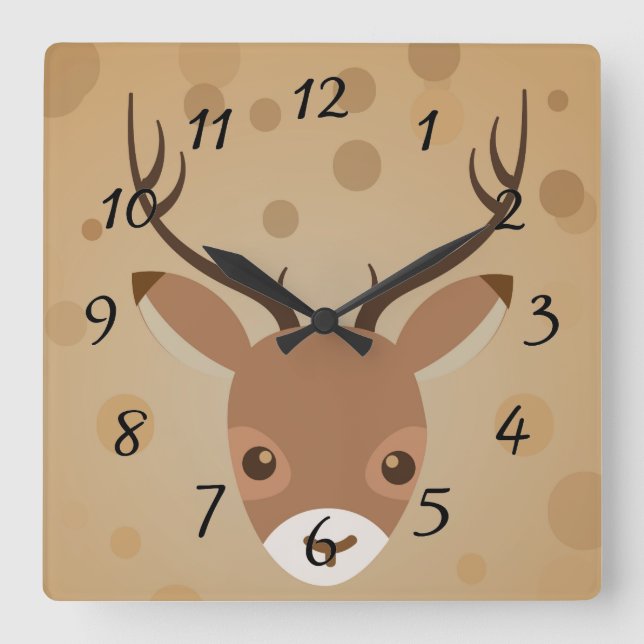 Reloj Cuadrado ilustracion de renos sobre fondo marrón (Anverso)