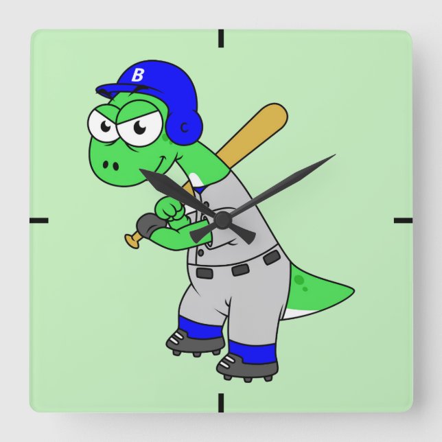 Reloj Cuadrado Ilustracion De Un Jugador De Béisbol Brontosaurus. (Anverso)