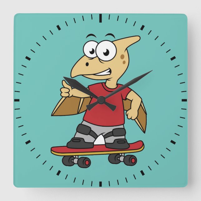 Reloj Cuadrado Ilustracion De Un Skateboarding De Pterosaur. (Anverso)