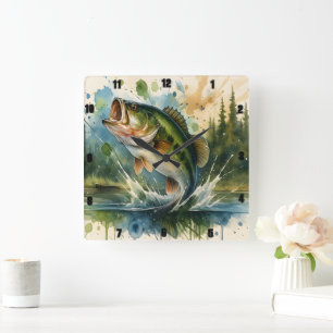 Reloj Cuadrado Ilustración del animado lago Bass