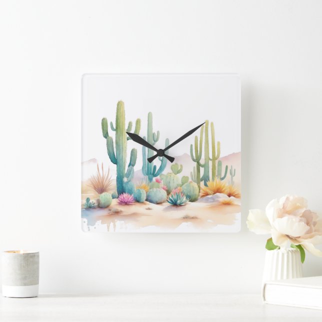 Reloj Cuadrado Ilustracion del desierto de acuarela (Hogar)