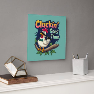 Reloj Cuadrado Ilustración divertida de pollo con un buen tiempo