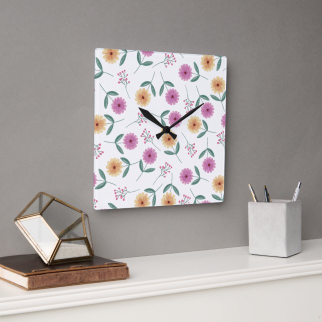 Reloj Cuadrado Ilustración floral (Oficina)