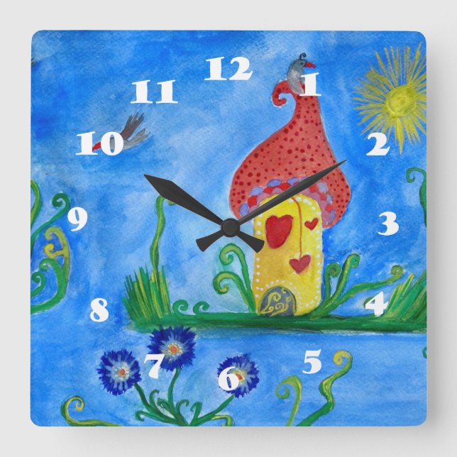 Reloj Cuadrado Ilustracion infantil caprichoso Love House Wall Cl (Anverso)
