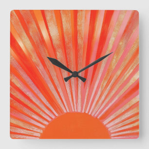 Reloj Cuadrado Ilustración retro de puesta de sol naranja