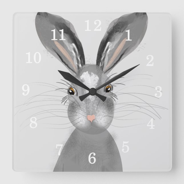 Reloj Cuadrado Ilustracion Whimsy de Cute Gray Hare (Anverso)