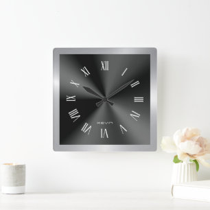 Reloj Cuadrado Imagen de acero inoxidable negro y plateado metáli