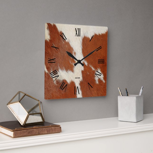 Reloj Cuadrado Imagen de piel de vaca marrón y blanco (Oficina)