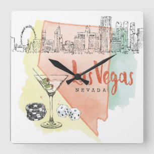 Reloj Cuadrado Imagen del bosquejo de la acuarela de Las Vegas,