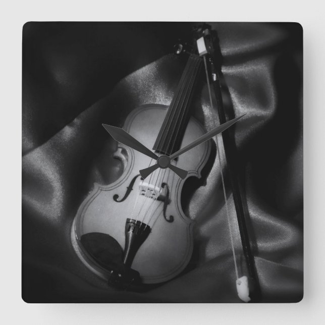 Reloj Cuadrado Imagen en blanco y negro de un violín (Anverso)