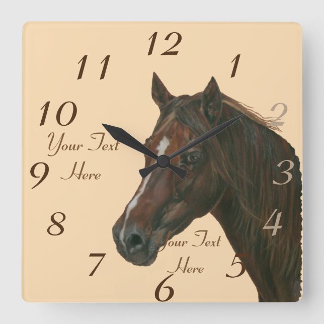 Reloj Cuadrado imagen equina de caballo marrón marrón (Anverso)