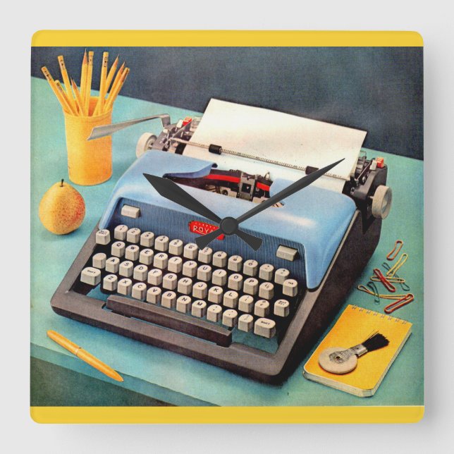 Reloj Cuadrado Imagen y máquina de escribir de los años 50 (Anverso)