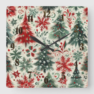 Reloj Cuadrado Impasto al Collage de Motifs de Navidades Rojos y 