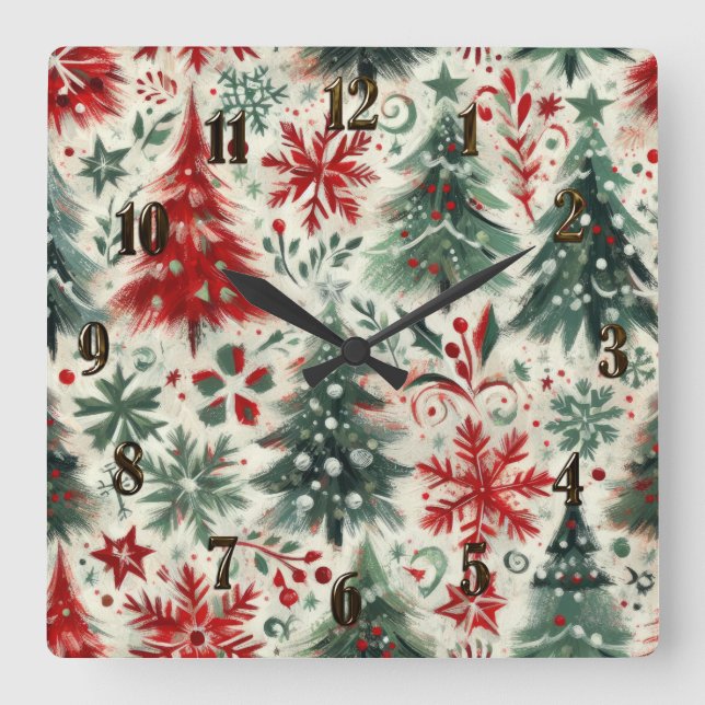 Reloj Cuadrado Impasto al Collage de Motifs de Navidades Rojos y  (Anverso)