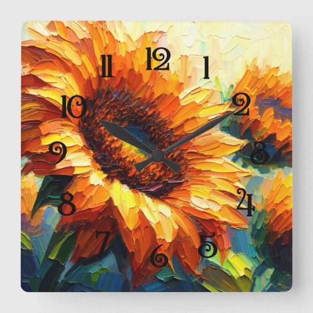 Reloj Cuadrado Impasto de la pintura de girasoles (Anverso)