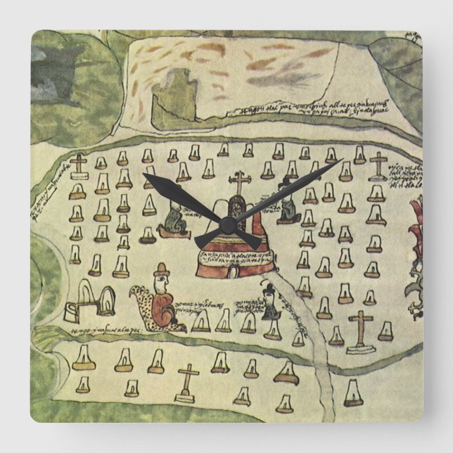 Reloj Cuadrado Imperio Azteca de Moctezuma, Mapa Antiguo del Mund (Anverso)