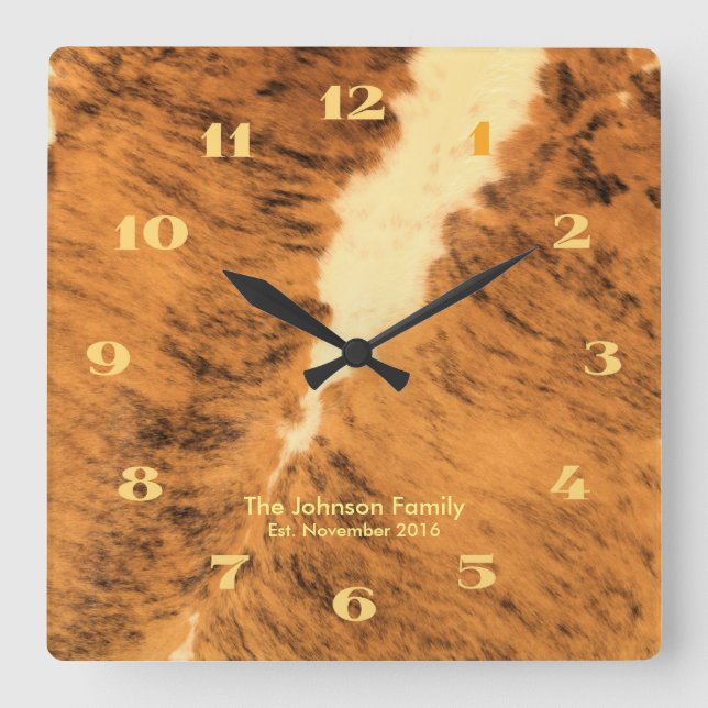 Reloj Cuadrado Impresión de cuero rústico de Texas de Longhorn (Anverso)