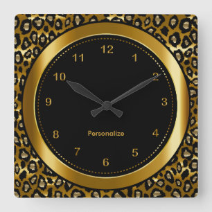 Reloj Cuadrado Impresión de oro oscuro metálico y leopardo negr