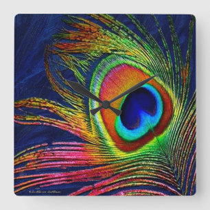 Reloj Cuadrado Impresión de plumas de pavo real coloridas